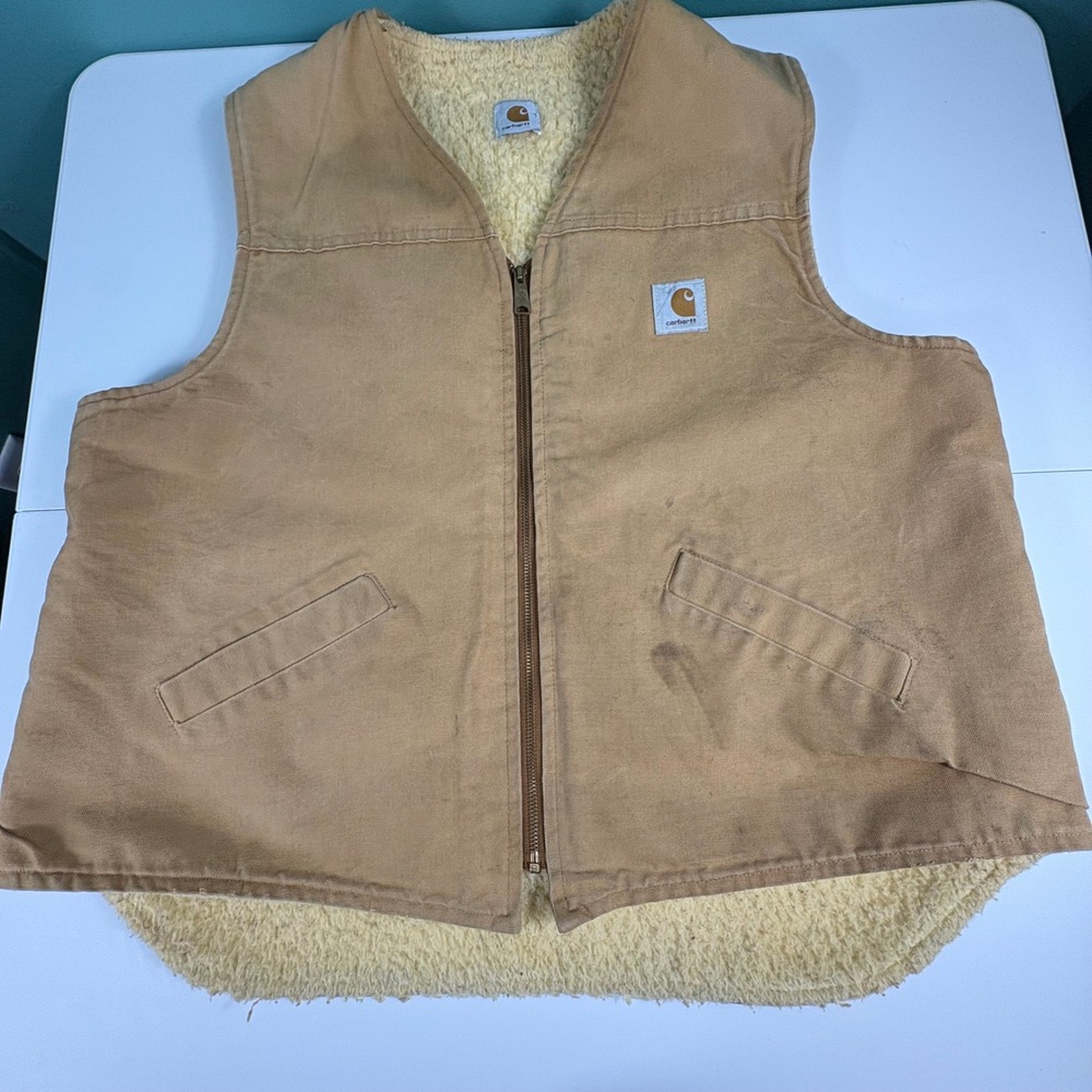 Vintage Carhartt‎ USA Duck Vest Sherpa Lined Distressed Tan